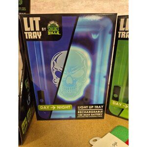 Smokezilla Lit Tray Light-Up Rechargeable Rolling Tray With Blue & White Skull